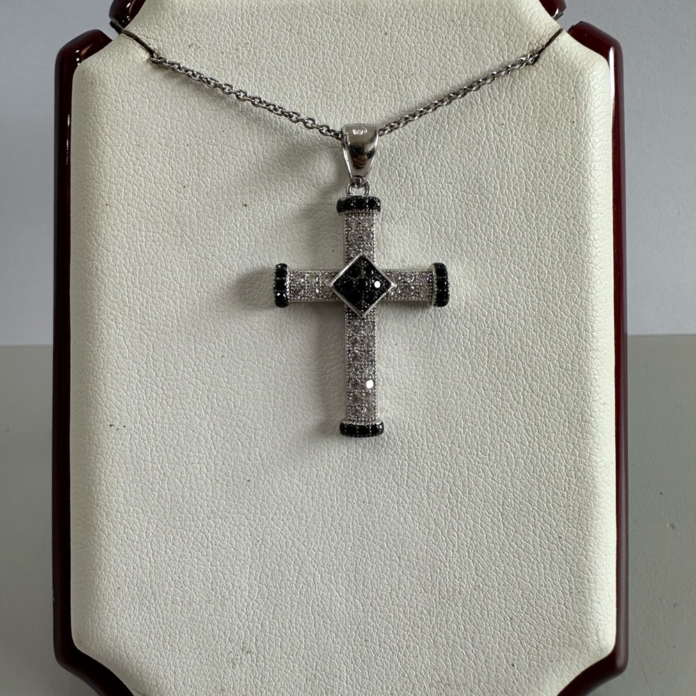 Sterling Silver Cross Pendant Necklace with Black and White Stones